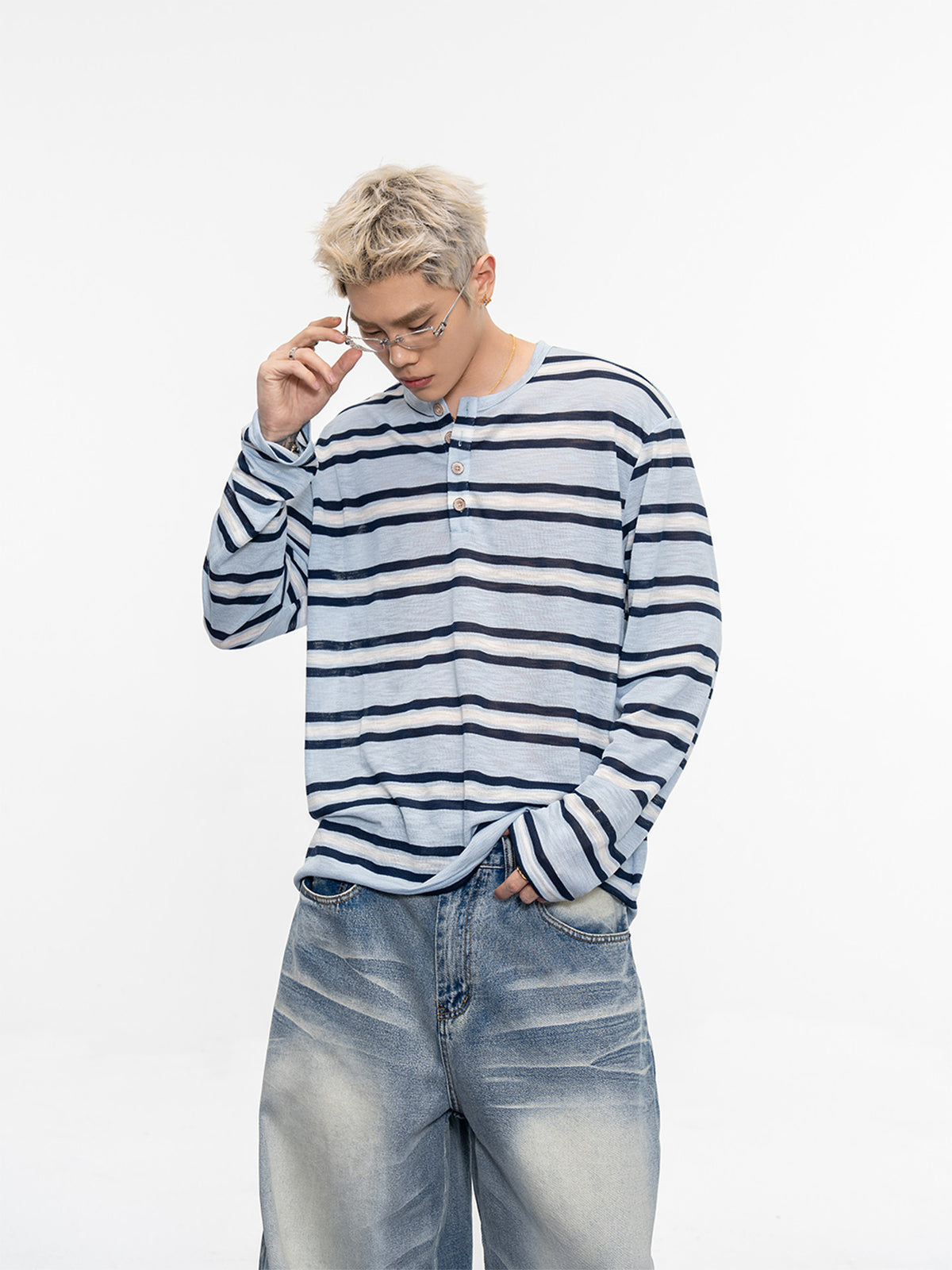 Burgunder- und Blaue Streifen-Henley mit Fleece – Bild 4 | LuxeStyle