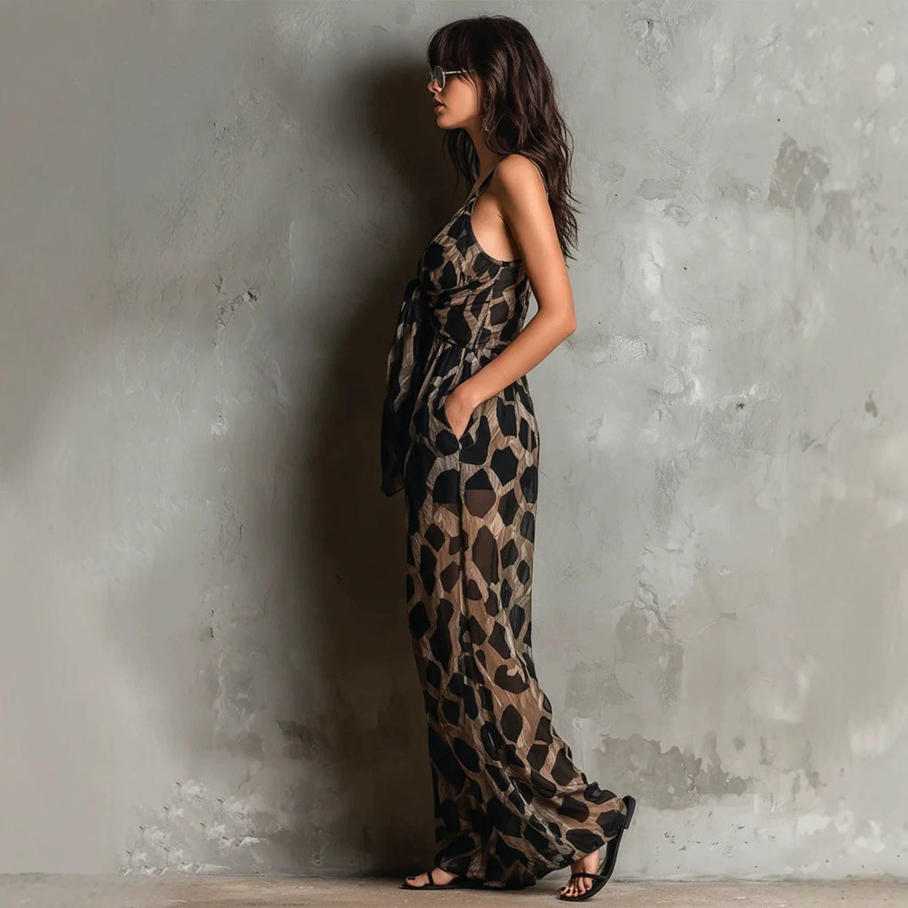 Jumpsuit mit Leopardenmuster und V-Ausschnitt