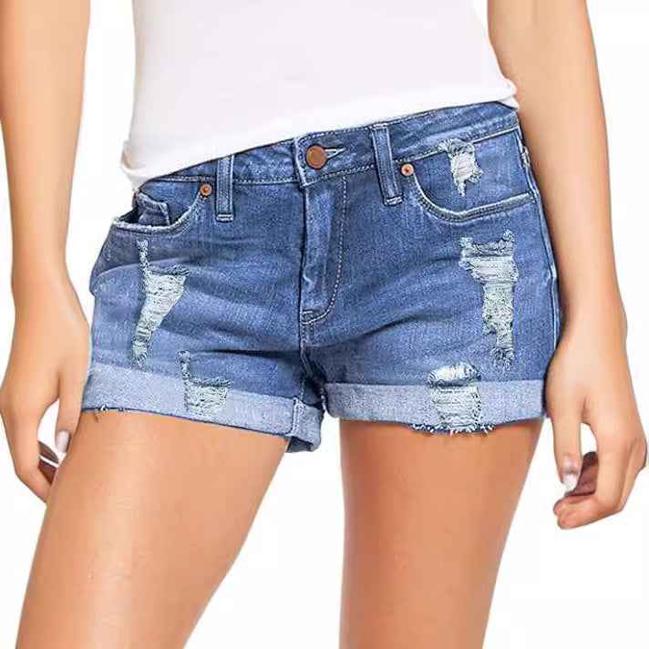 High-Waist Stretch-Denim Shorts mit Rissen
