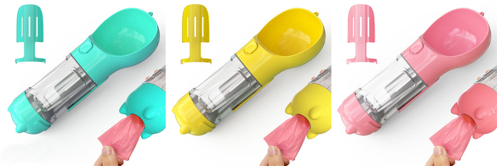 3-in-1 Hunde Trinkflasche mit Futterbox & Müllbeutel