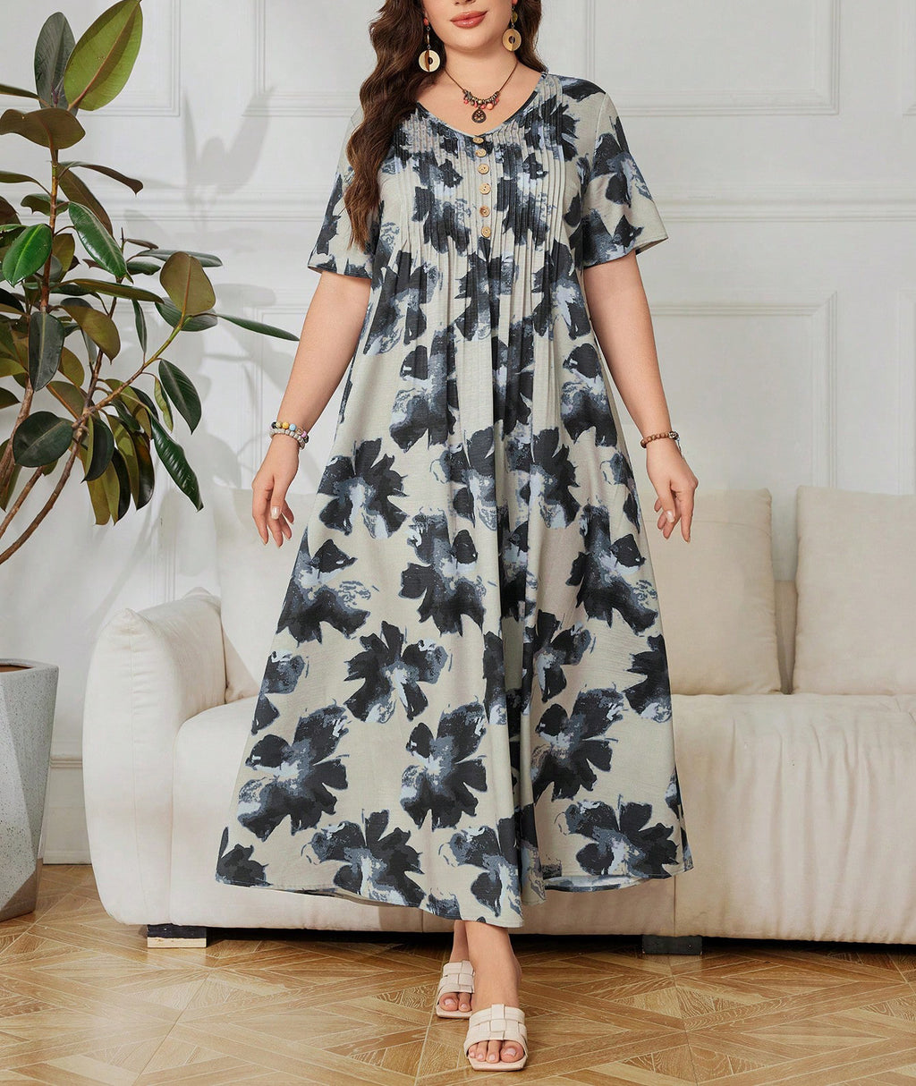 Bedrucktes V-Ausschnitt A-Linien Kleid