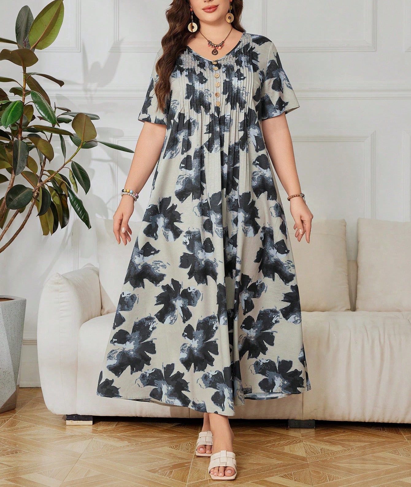 Bedrucktes V-Ausschnitt A-Linien Kleid