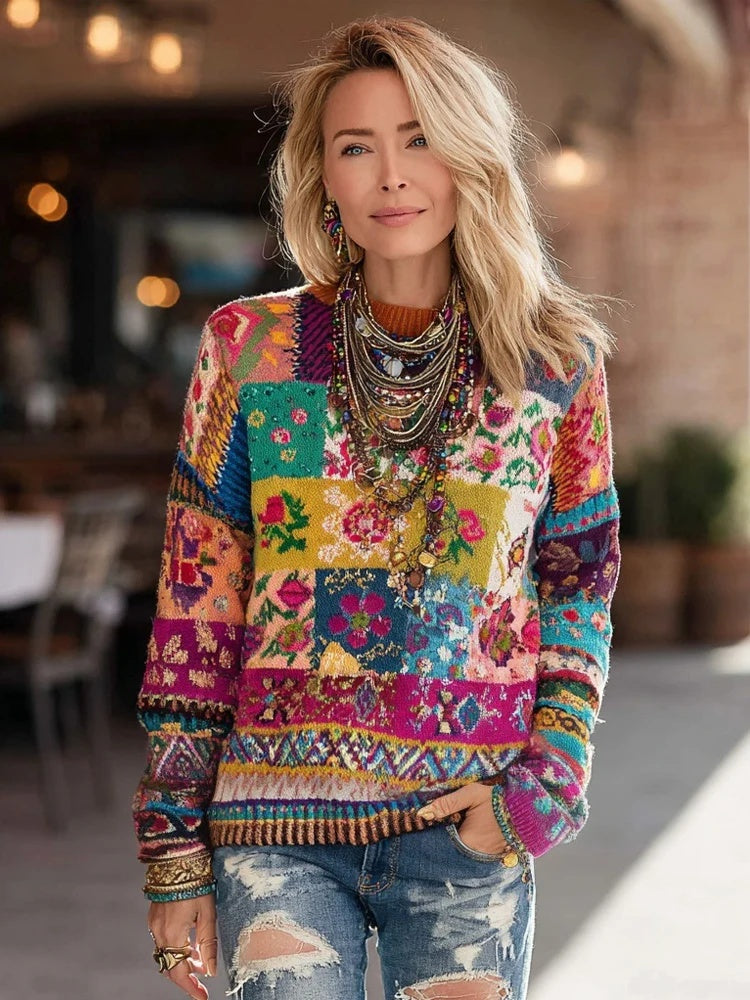 Retro Patchwork Pullover mit floralem Print