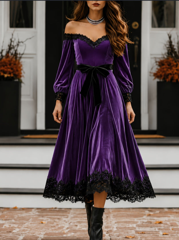 Samt-Maxikleid mit Spitze und langen Ärmeln – Bild 1 | LuxeStyle