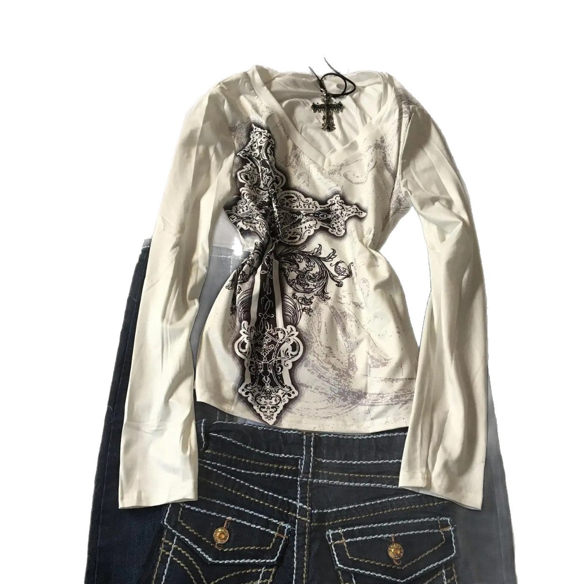 V-Neck Langarmshirt mit Print