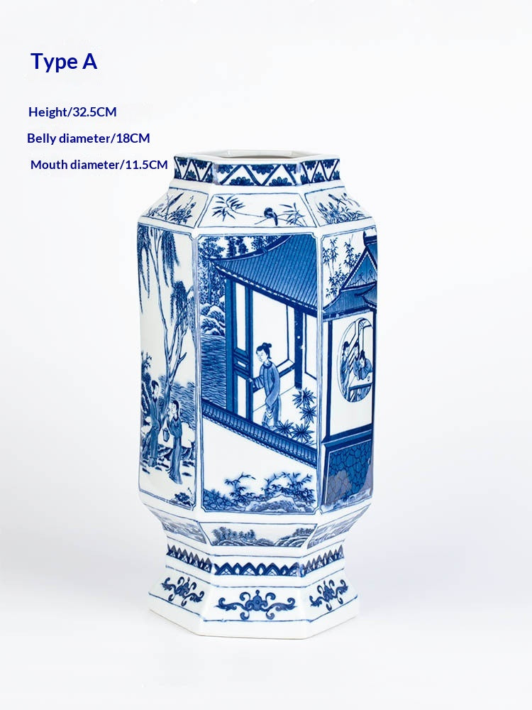 Hexagonale blau-weisse Keramikvase