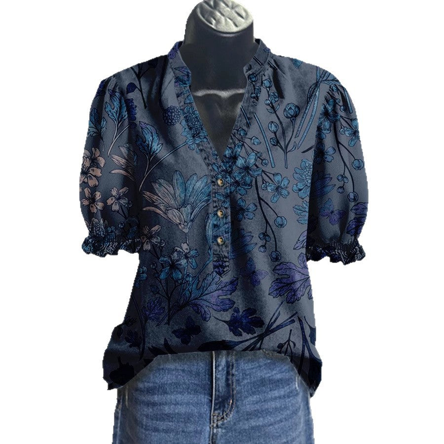 Geblümtes V-Neck Shirt mit Rüschenärmeln – Bild 4 | LuxeStyle