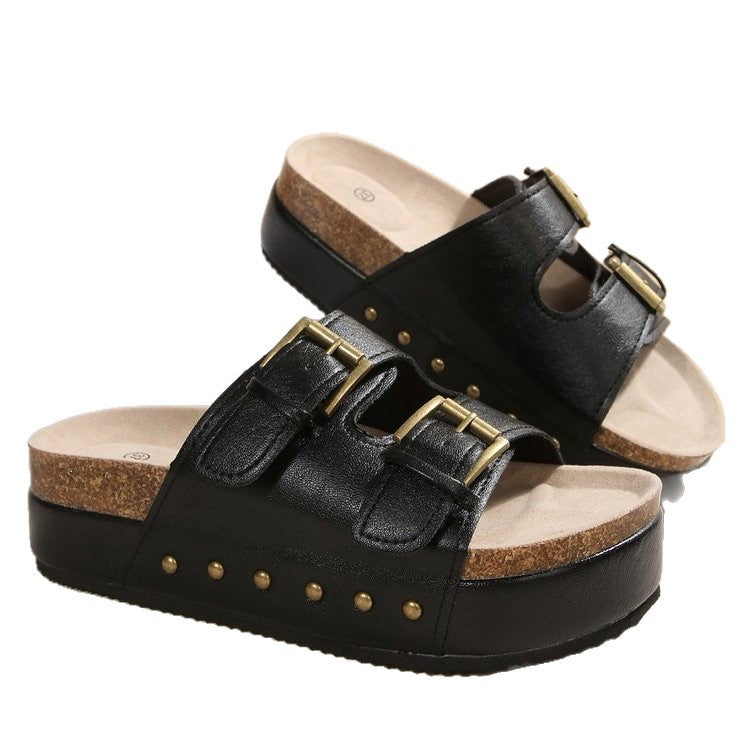 Plateau Leder Zehensteg-Sandalen