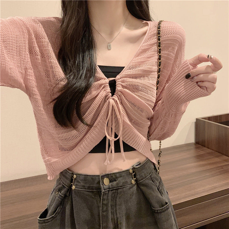 Strick-Cardigan mit Lochmuster und Kordelzug