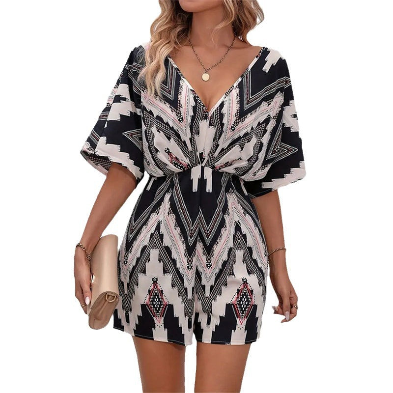 Gemusterter V-Ausschnitt Jumpsuit mit Ärmeln