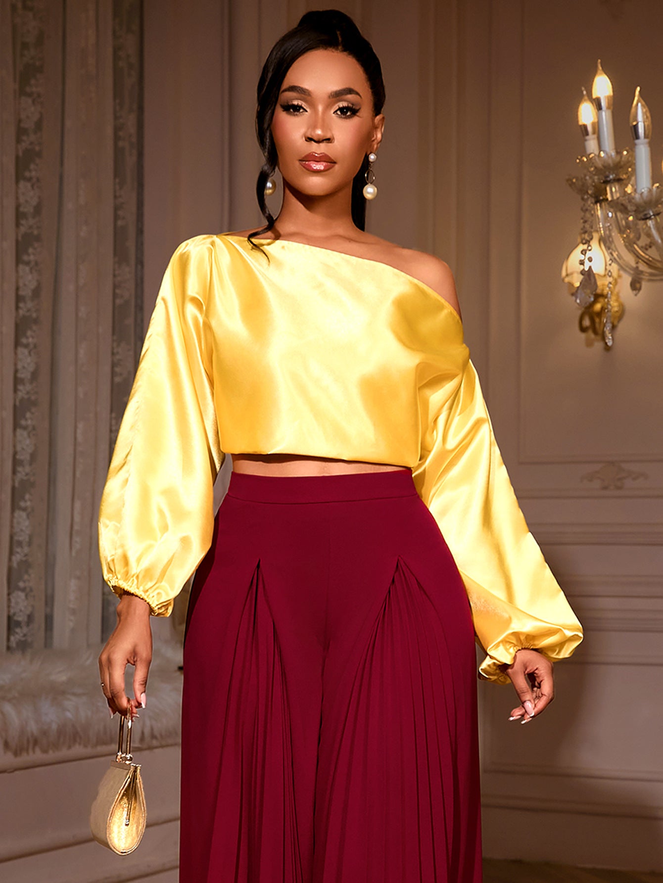 One Shoulder Cropped Blouse mit Ballonärmeln