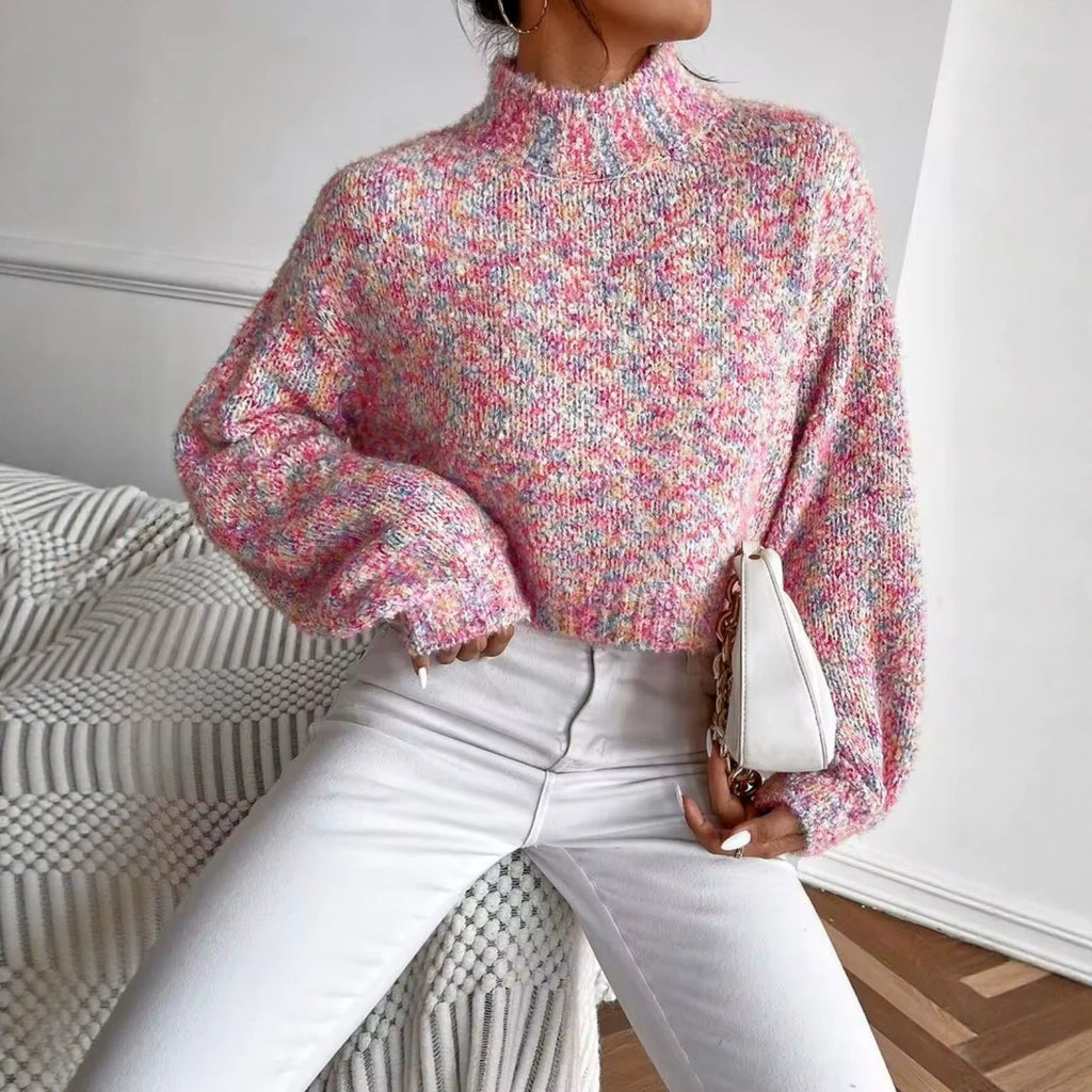 Bunter Strickpullover mit Stehkragen