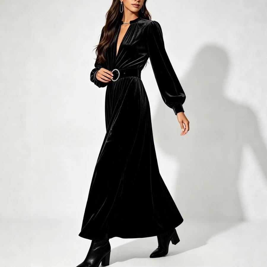 Velvet-Kleid mit V-Ausschnitt und Taillenbetonung
