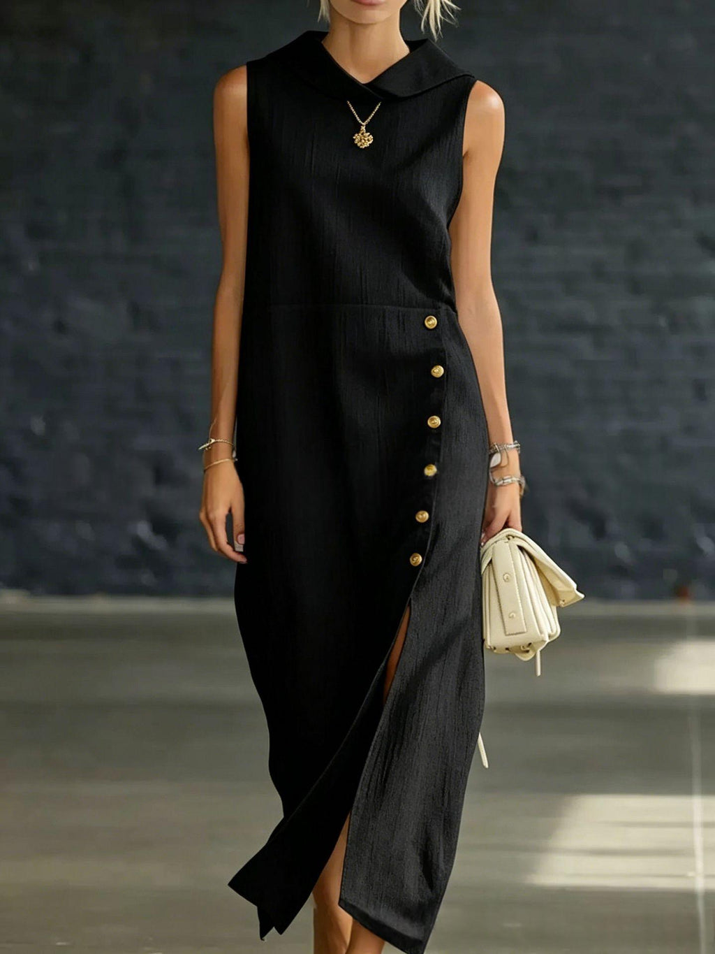 Langes Damenkleid mit Schlitz-Ausschnitt – Bild 9 | LuxeStyle