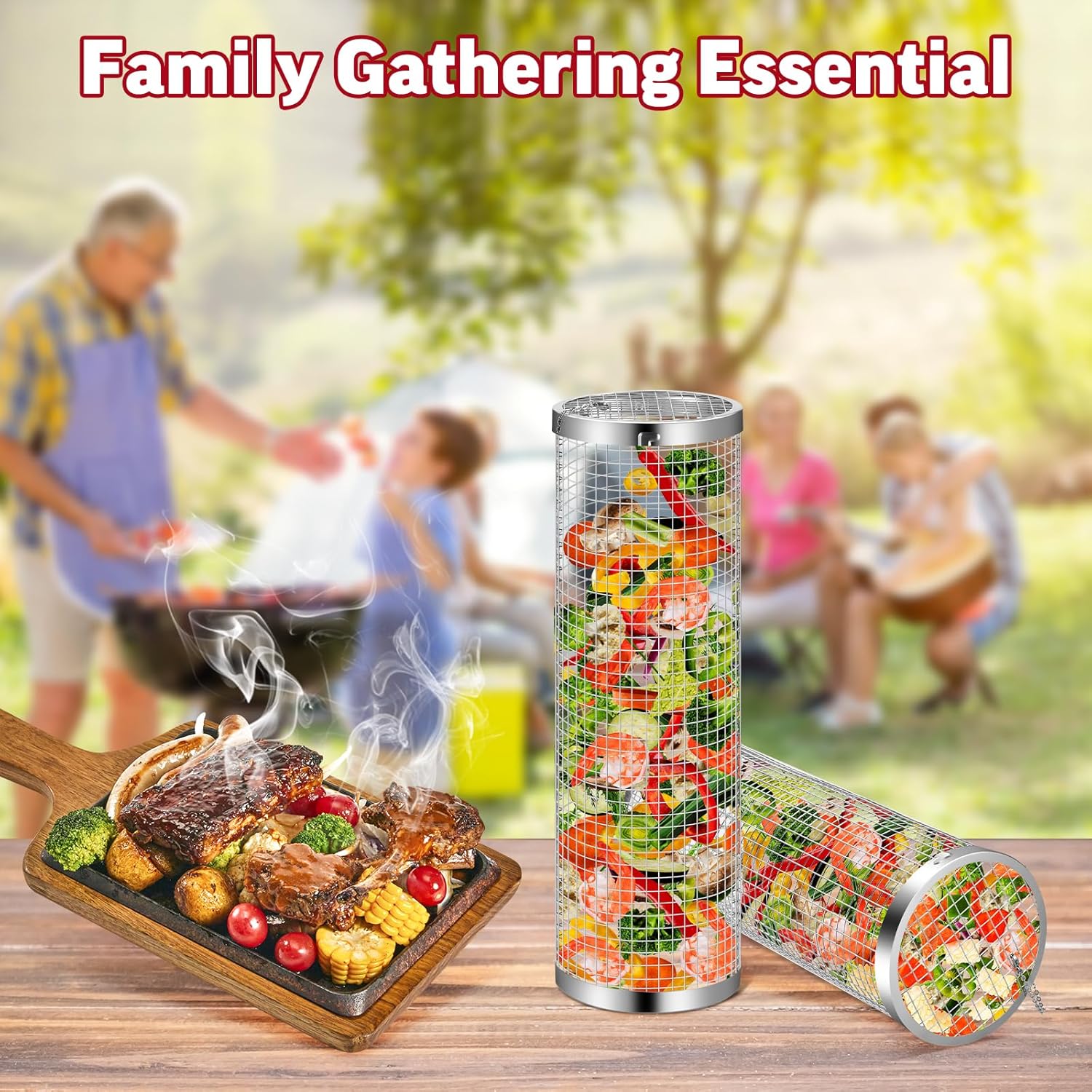 Rollender Grillkorb-Set aus Edelstahl – Ansicht 2