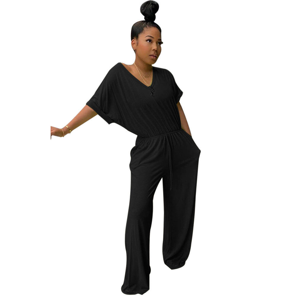 V-Ausschnitt Jumpsuit mit weitem Bein