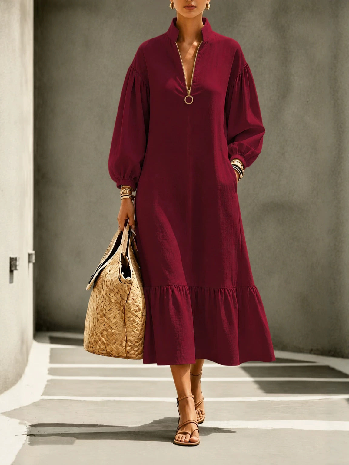 Schlanker Swing-Kleid in Weinrot | LuxeStyle