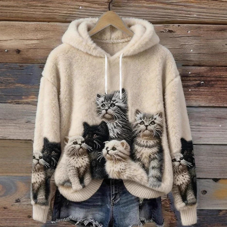 Warmer 3D-Hoodie mit Doppelkappe für Katzenliebhaberinnen