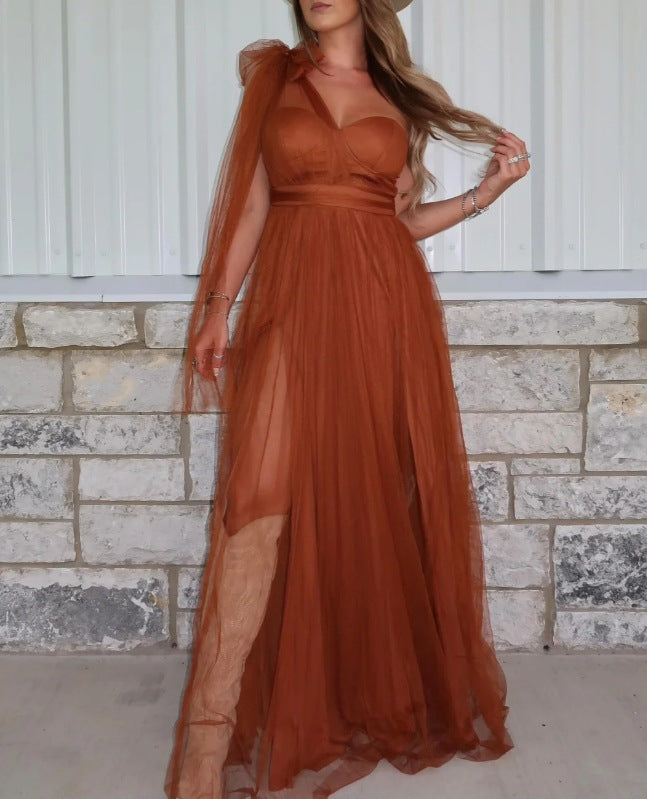Elegantes Mesh-Panel Maxikleid mit Rückenausschnitt