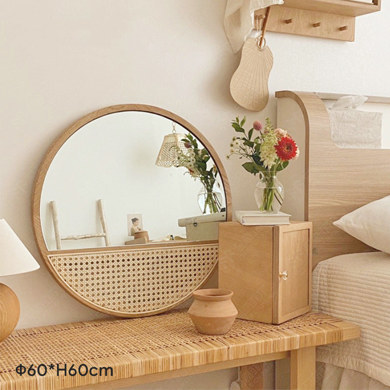 Rundes Vintage-Rattan-Make-Up-Spiegel