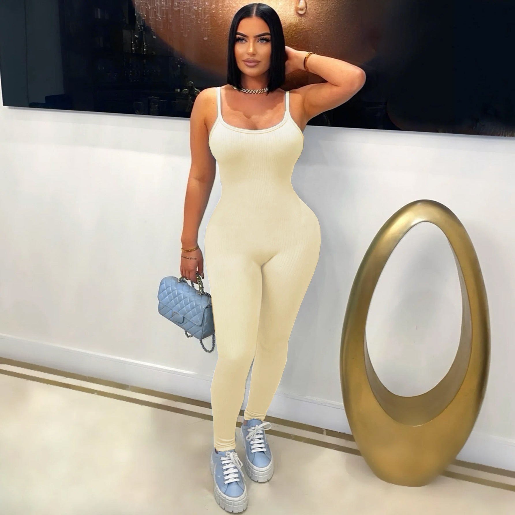 Gerippter Bodycon Jumpsuit mit Spaghettiträgern