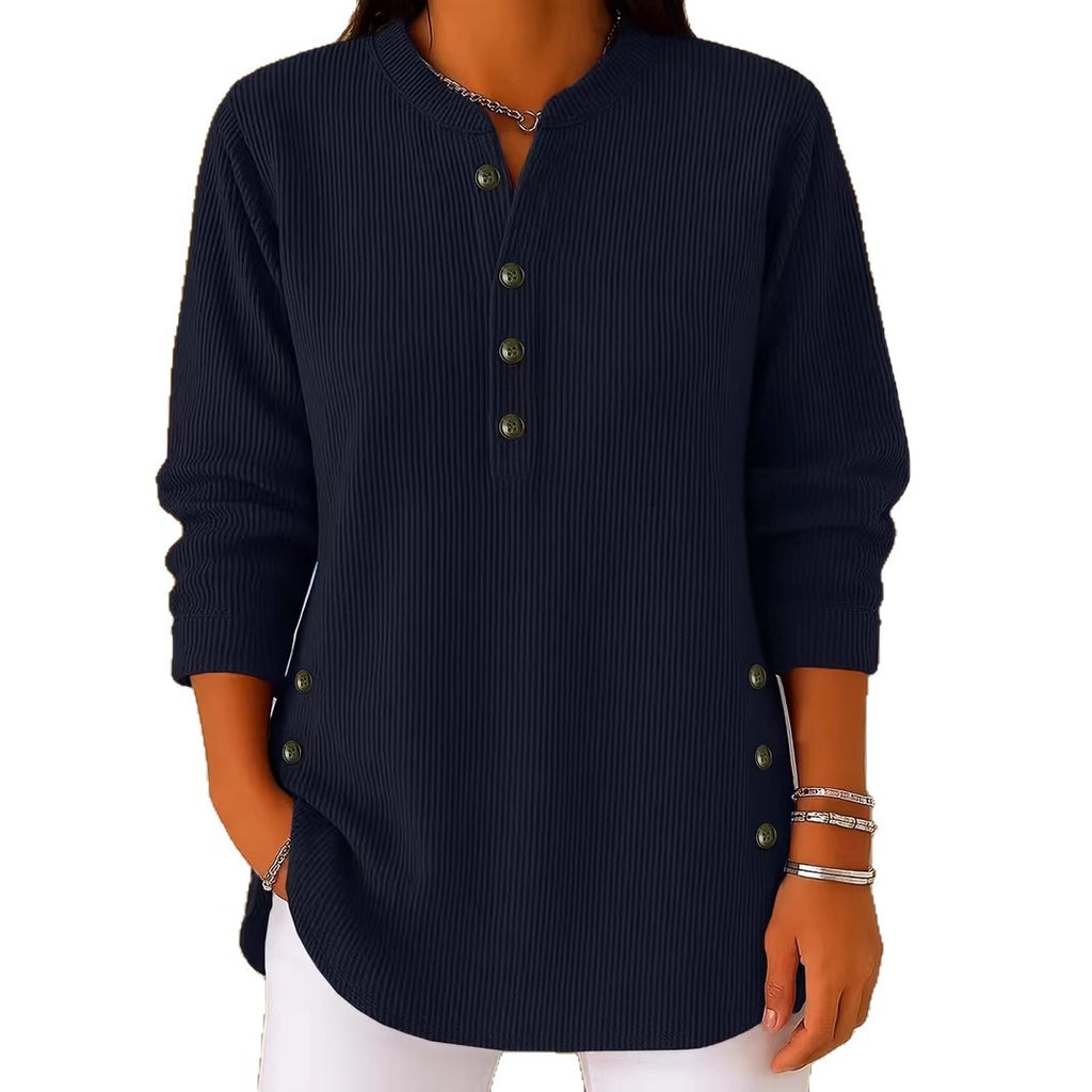 Corduroy V-Neck Langarmshirt mit Knöpfen