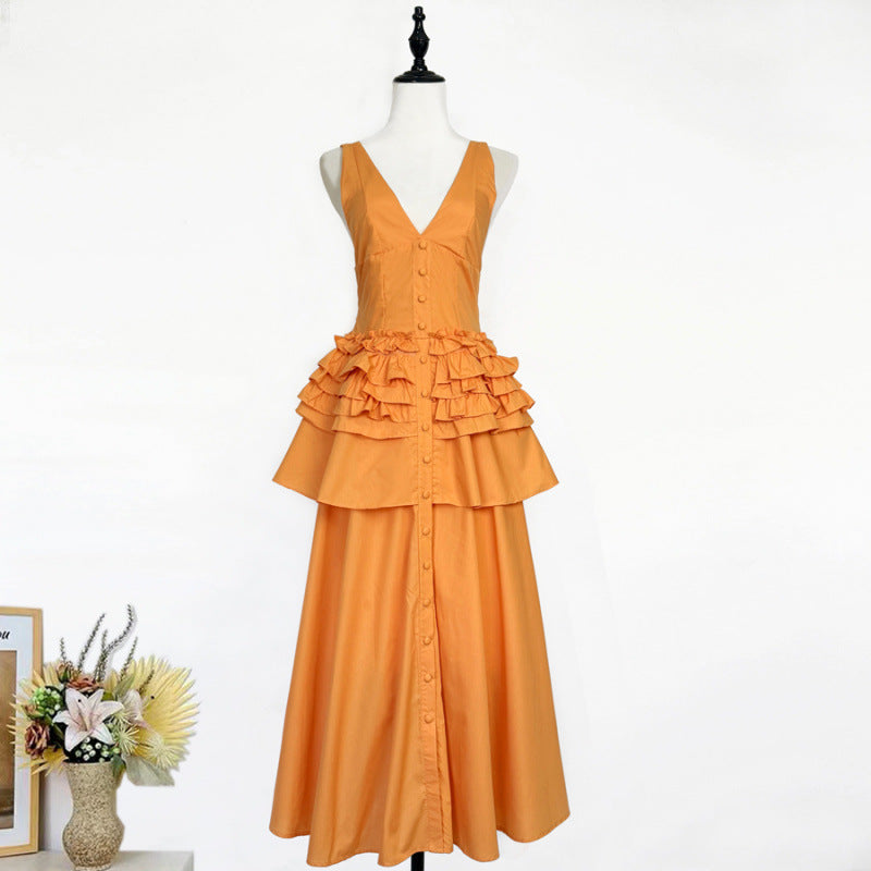 Retro-Stil Halter-Ausschnitt Rüschentier-Midi-Kleid