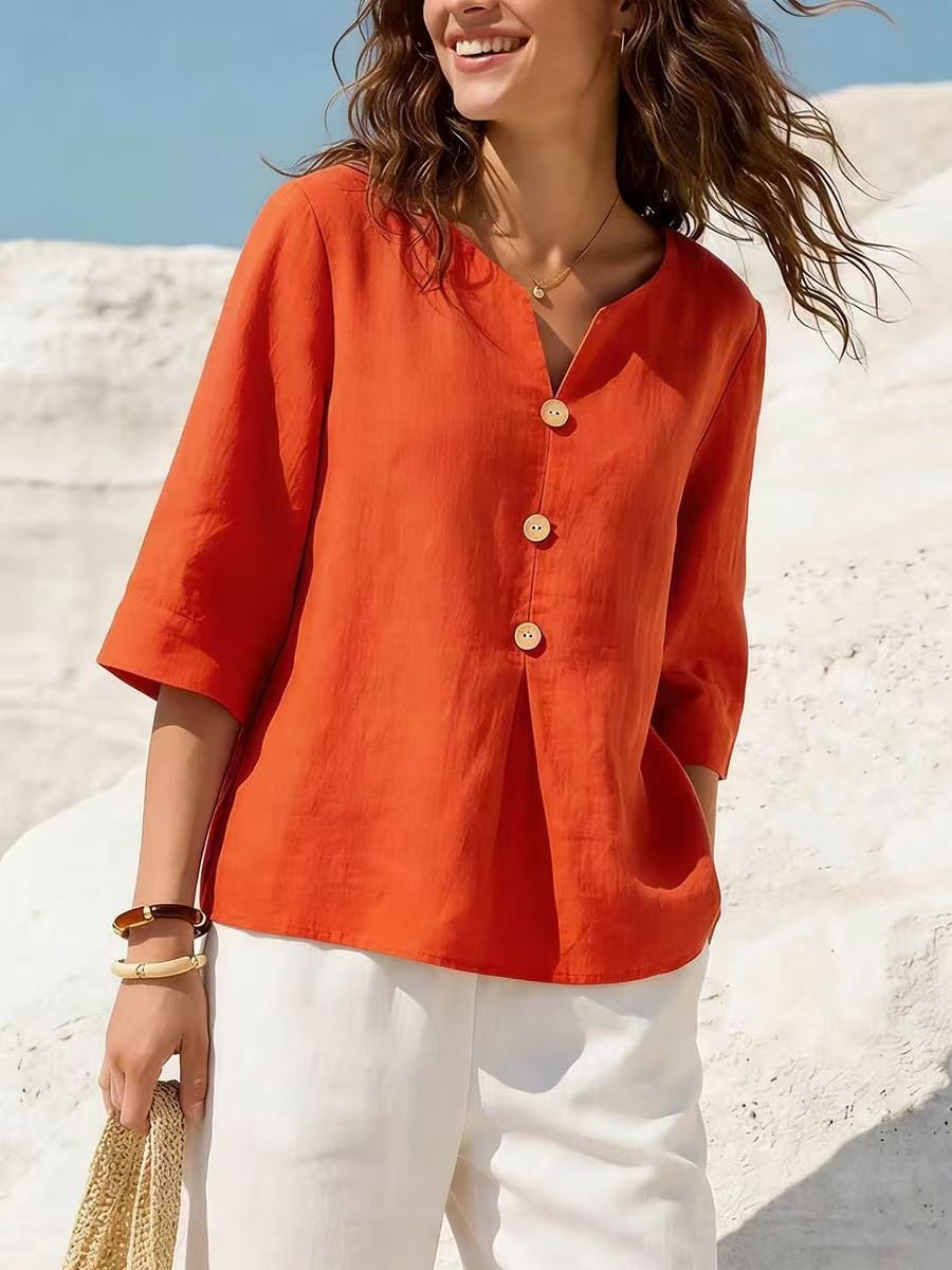 V-Neck Baumwoll-Leinen Bluse für Damen – Bild 7 | LuxeStyle