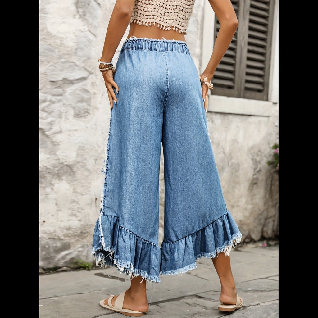 Elastische Denim Jeans mit Fransen