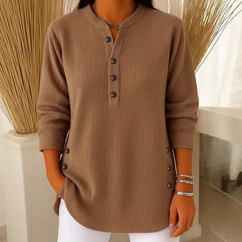 Corduroy V-Neck Langarmshirt mit Knöpfen