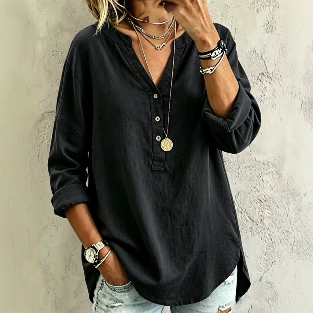 V-Ausschnitt Langarmshirt mit Knopfleiste