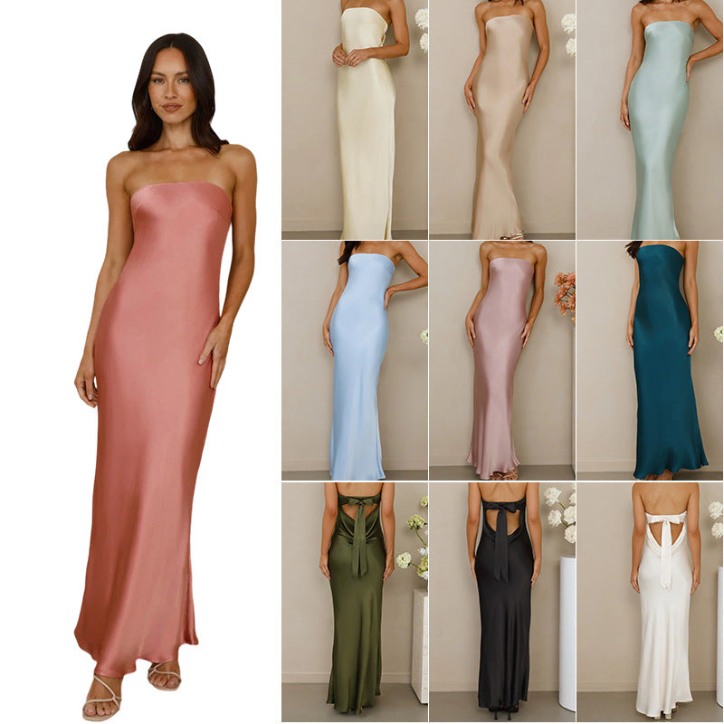 Damen rückenfreies Satin-Maxikleid