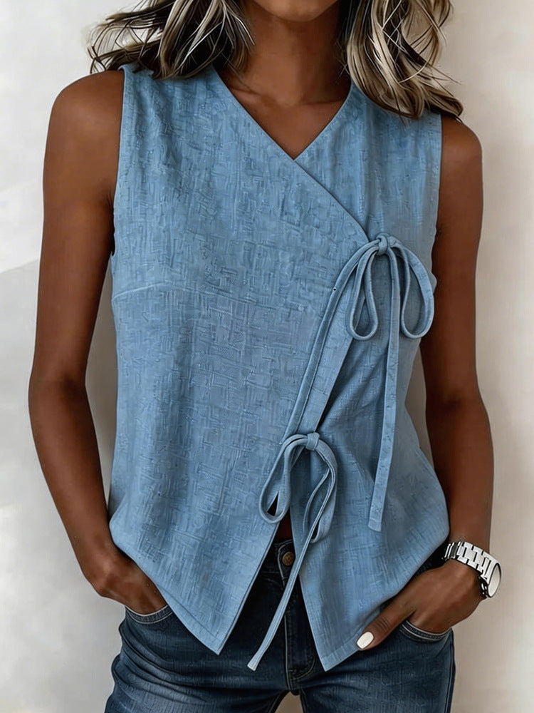 Ärmelloses V-Neck Top mit Schleife – Bild 9 | LuxeStyle