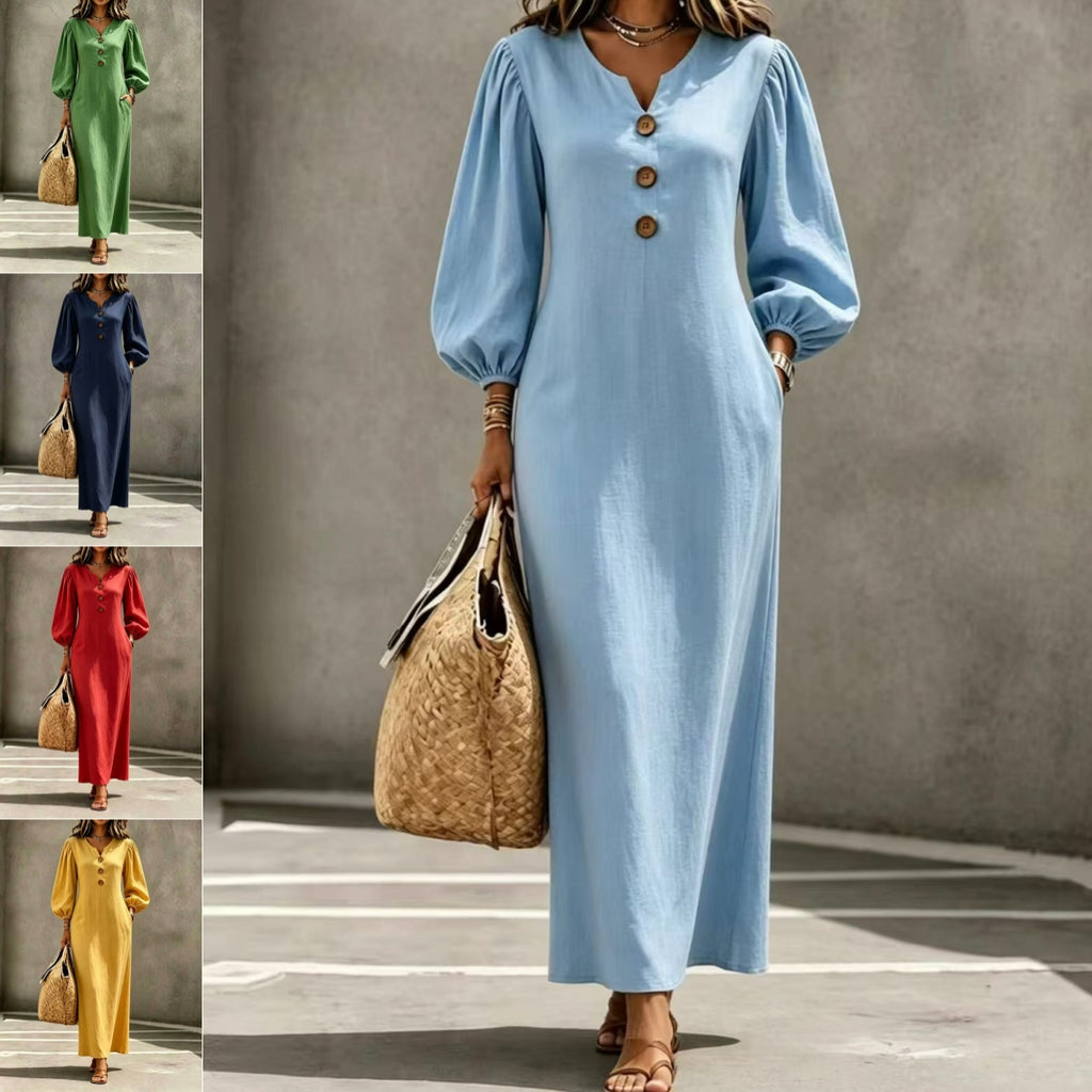 V-Ausschnitt A-Linien Kleid mit Puffärmeln