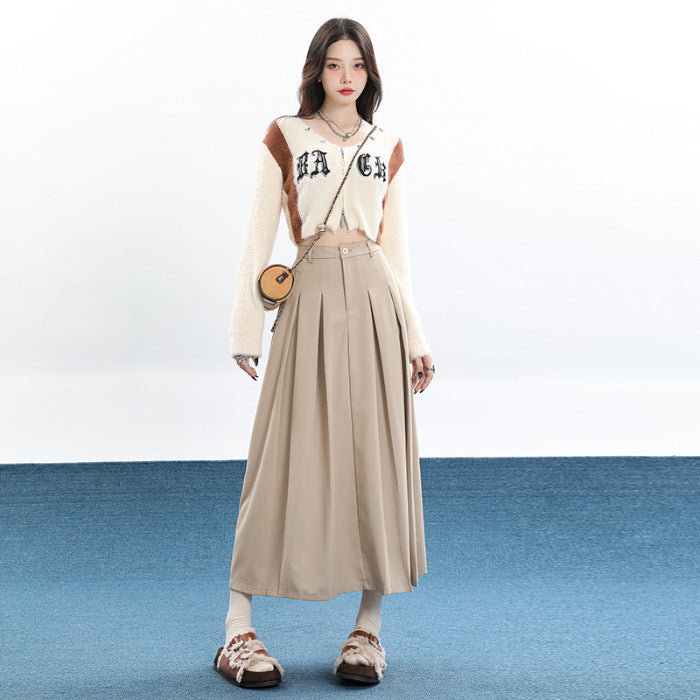 Khaki High-Waist Plissée-Midi-Jupe