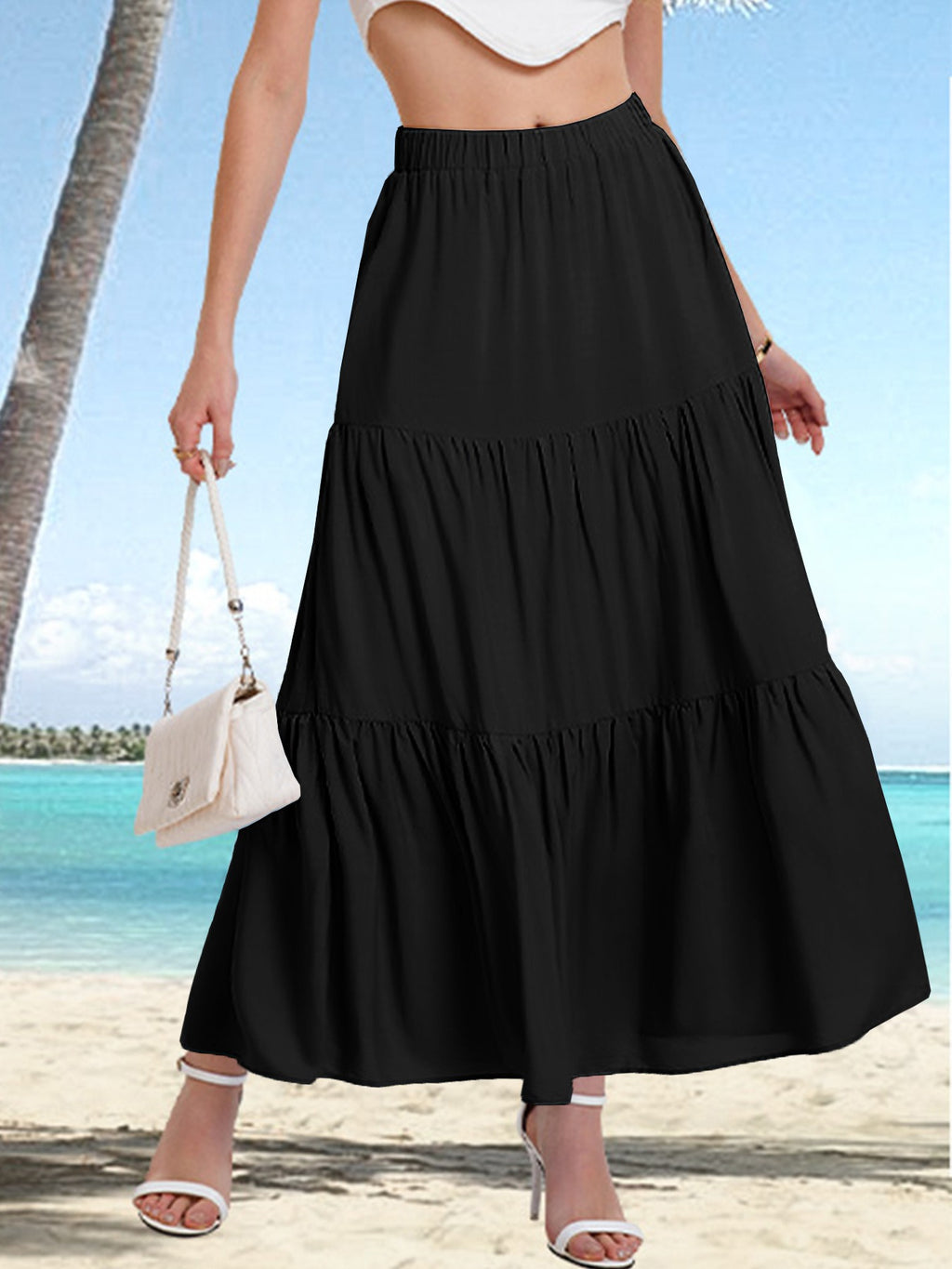 High Waist A-Linien Midi-Jupe mit Kordelzug – Ansicht 2