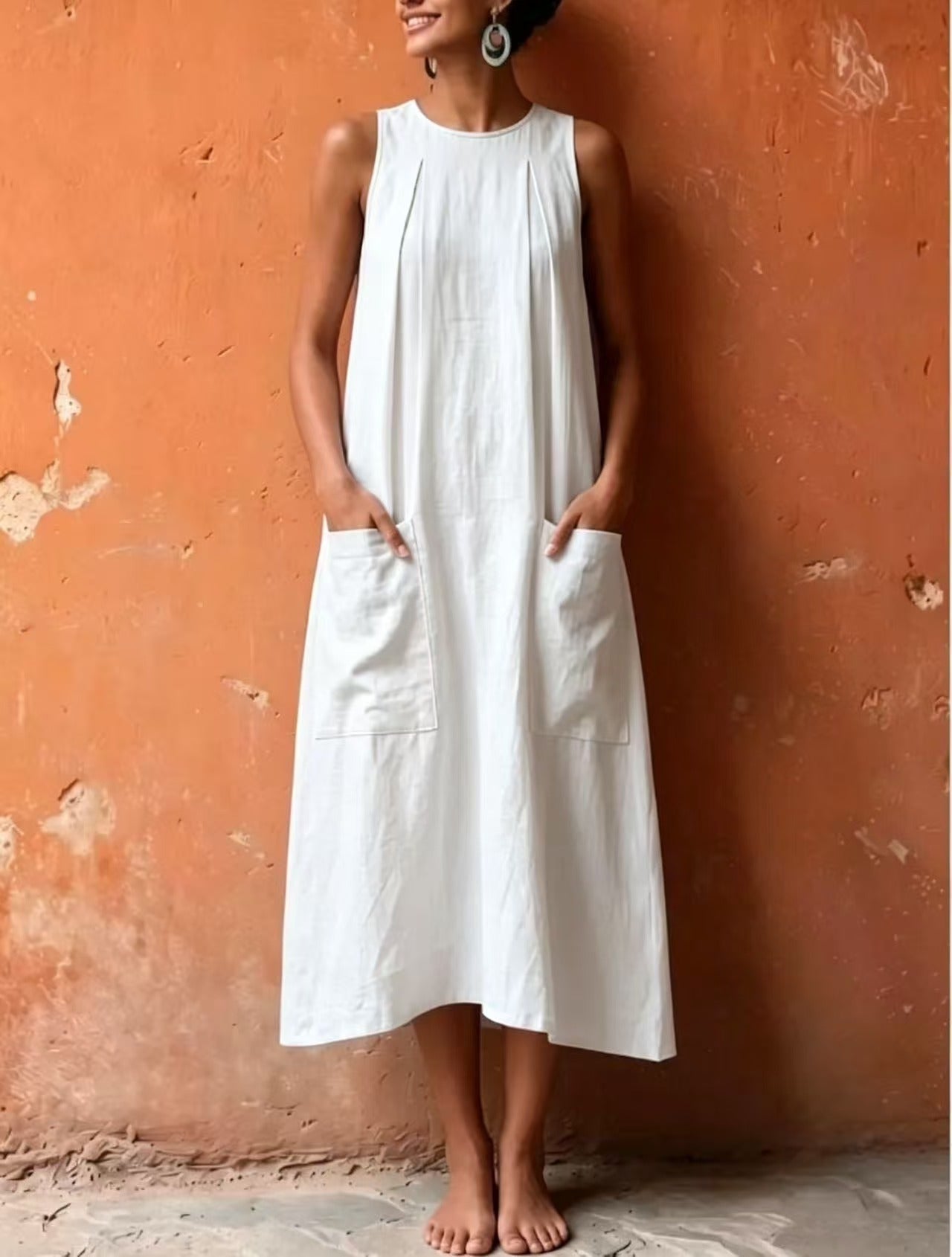 Einfarbiger Kurzarm-Lockerkleid mit Taschen
