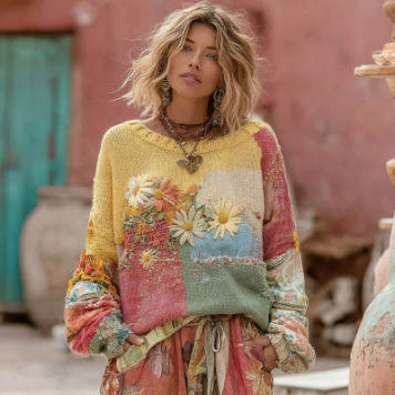 Retro Patchwork Pullover mit floralem Print