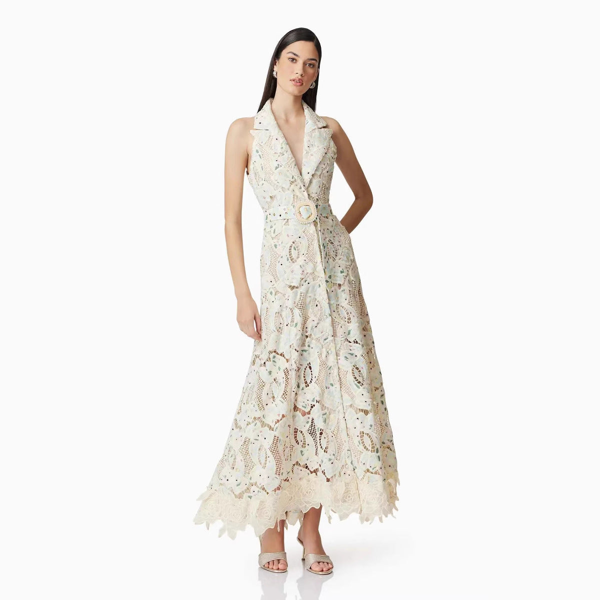 Ärmelloses V-Neck Maxikleid mit Blumenstickerei – Bild 2 | LuxeStyle