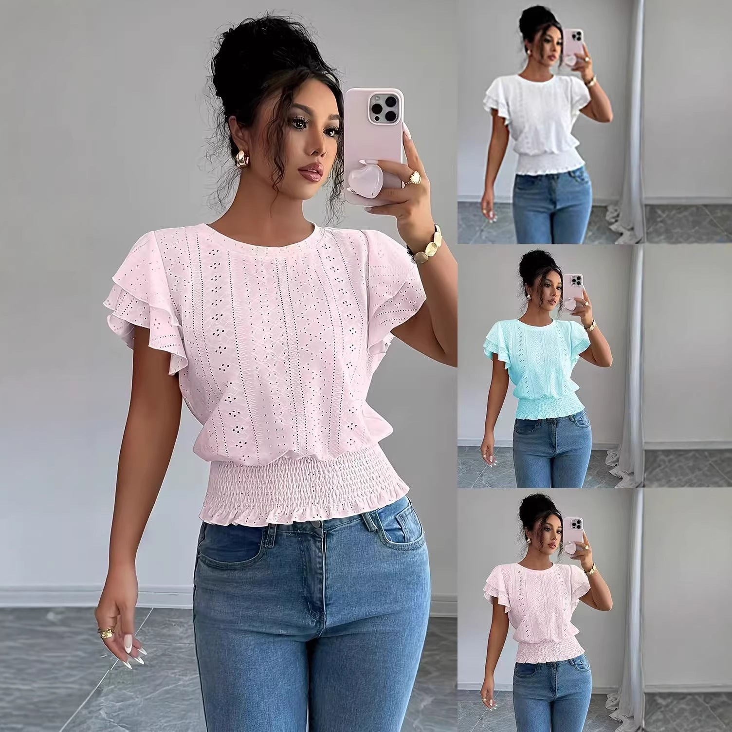 Damen Top mit Rundhals und Raffärmeln