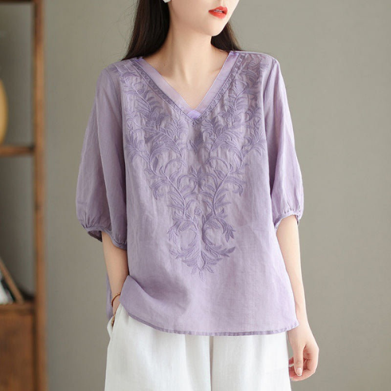 Besticktes Leinen-Baumwoll-Shirt