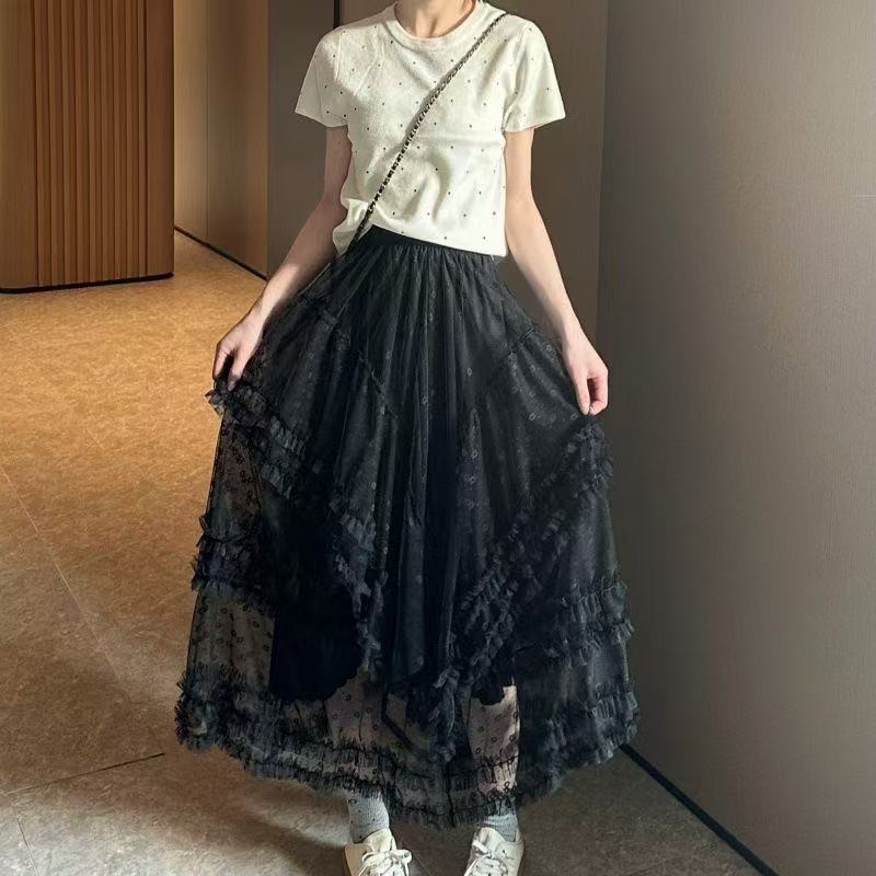 A-Linien Midi-Jupe mit Stufen und Blumenmuster