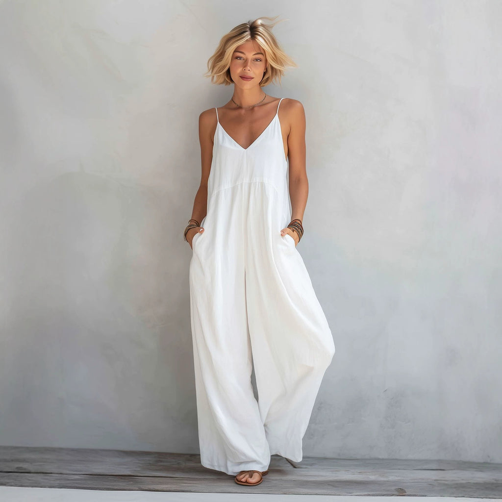 Leinen-Jumpsuit mit weitem Bein und V-Ausschnitt