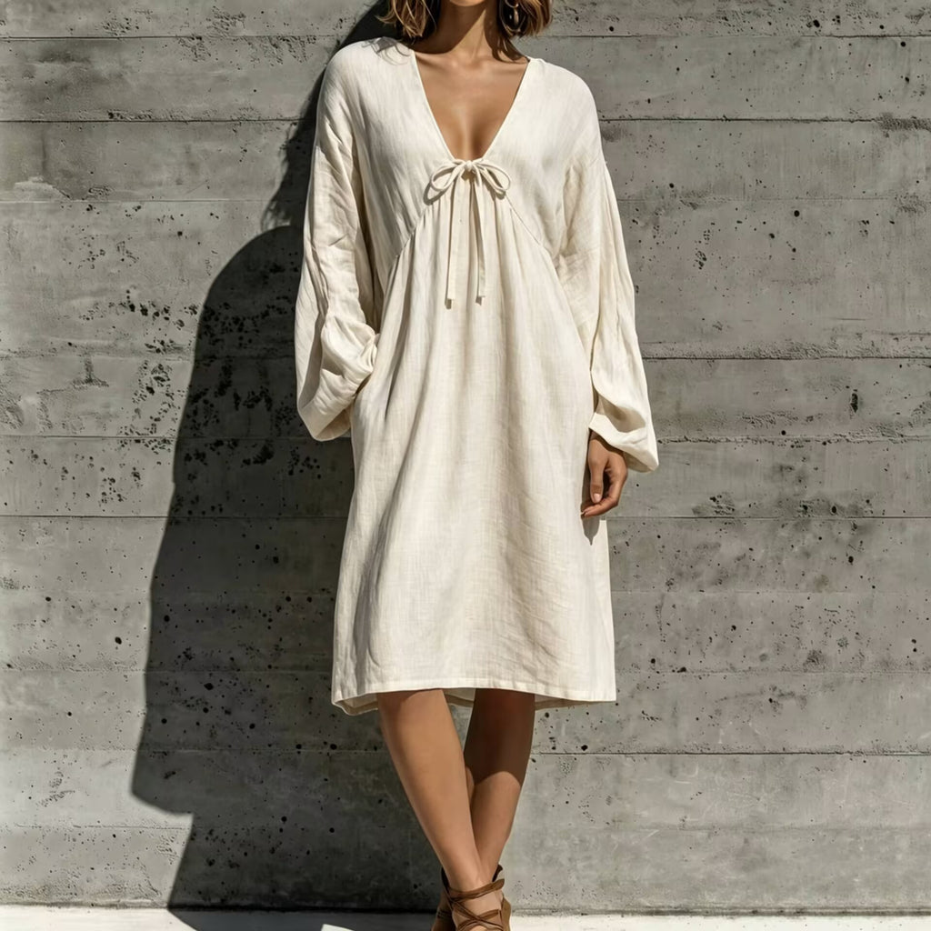 V-Ausschnitt Schnürkleid aus Baumwoll-Leinen