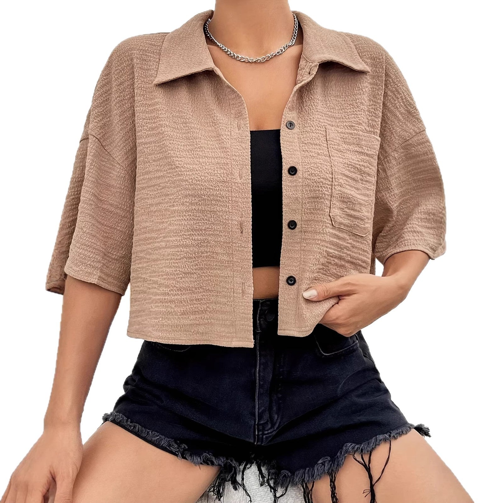 Kurze Bluse mit Knopf-Taschen