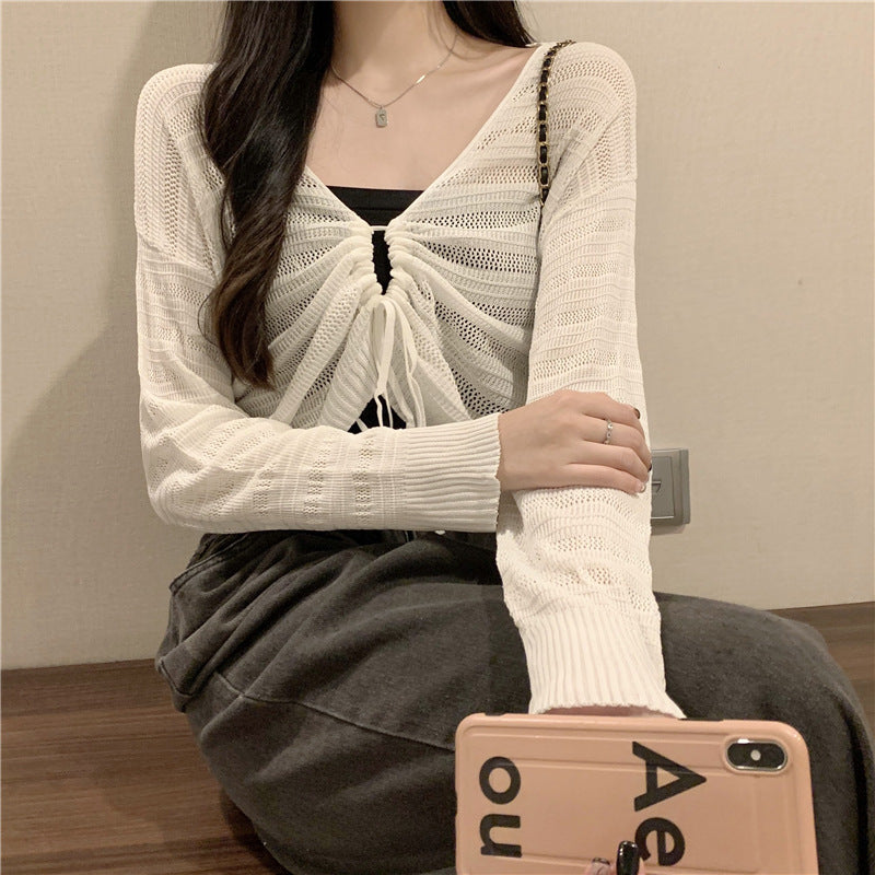 Strick-Cardigan mit Lochmuster und Kordelzug