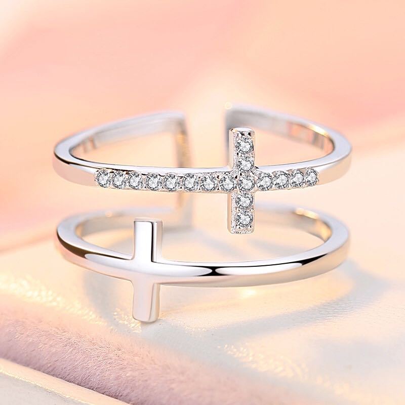 Doppelkreuz Zirkonring, Kupfer, verstellbar