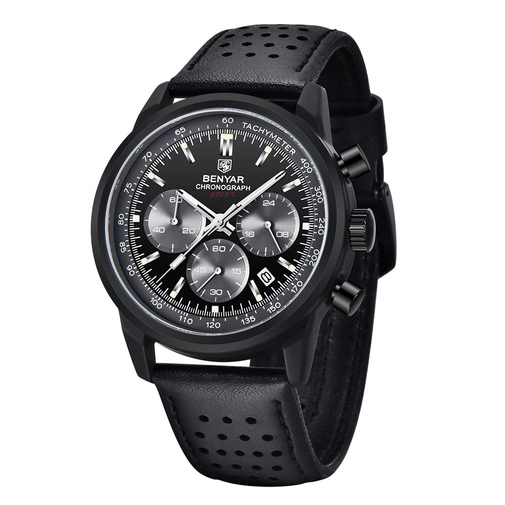 Multifunktionale Quarzuhr mit Lederarmband | LuxeStyle