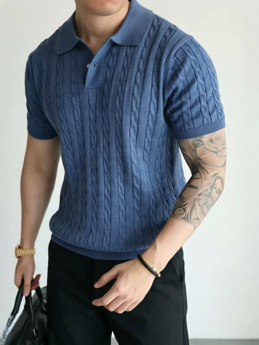 Polo-Shirt Herren Kurzarm Strick Zopfmuster
