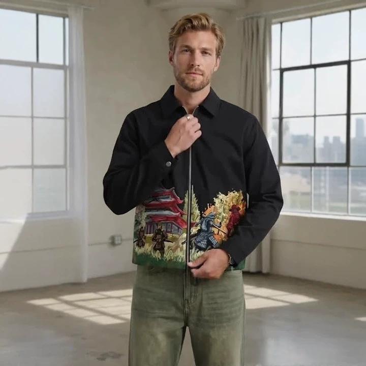 Bestickte Retro-Herrenjacke mit Reissverschluss